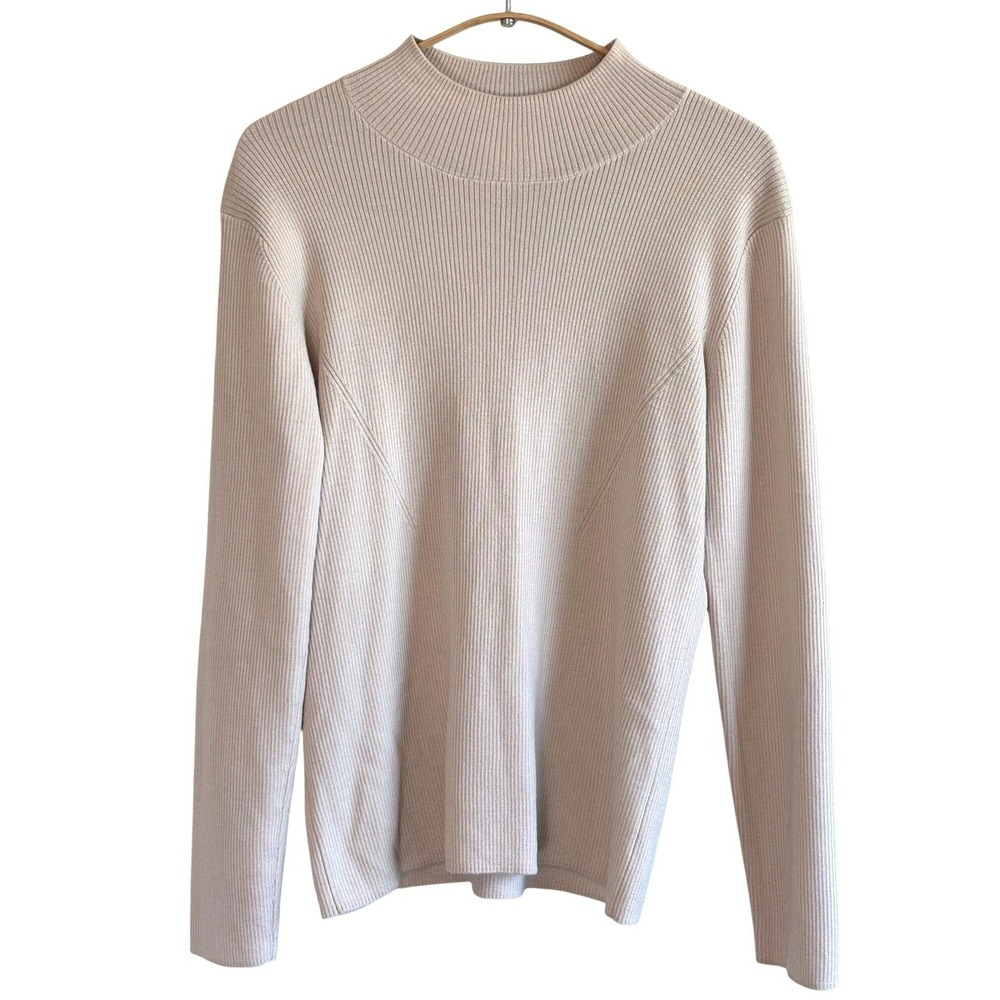 Marella Ribbed Mock Neck Sweater Beige‎ Wool Blend Fine Knit Italian Yarn M